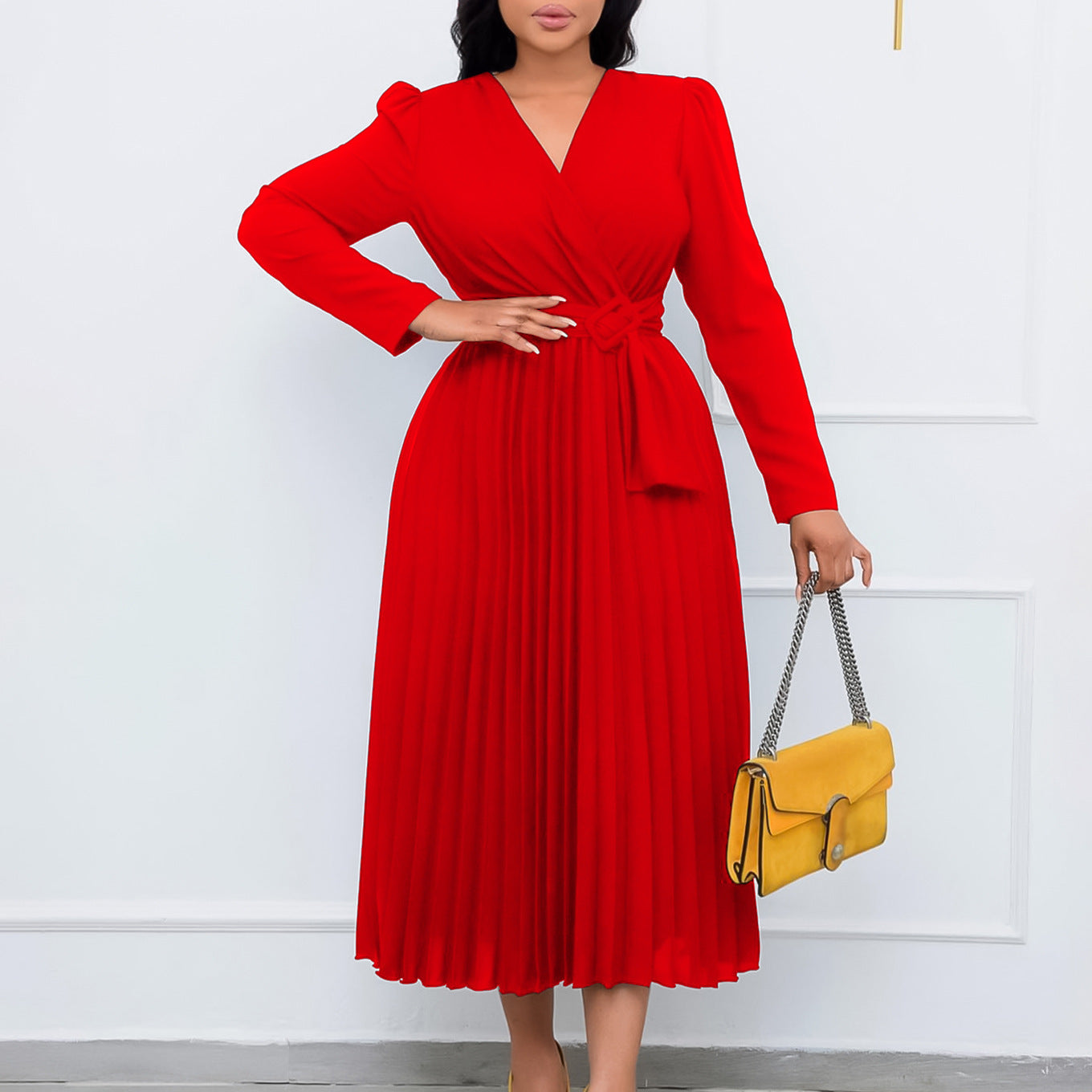 Pleated V-Neck Long Sleeve Lace-Up Solid Color Sash Belted Maxi Dress to 3X Plus Size