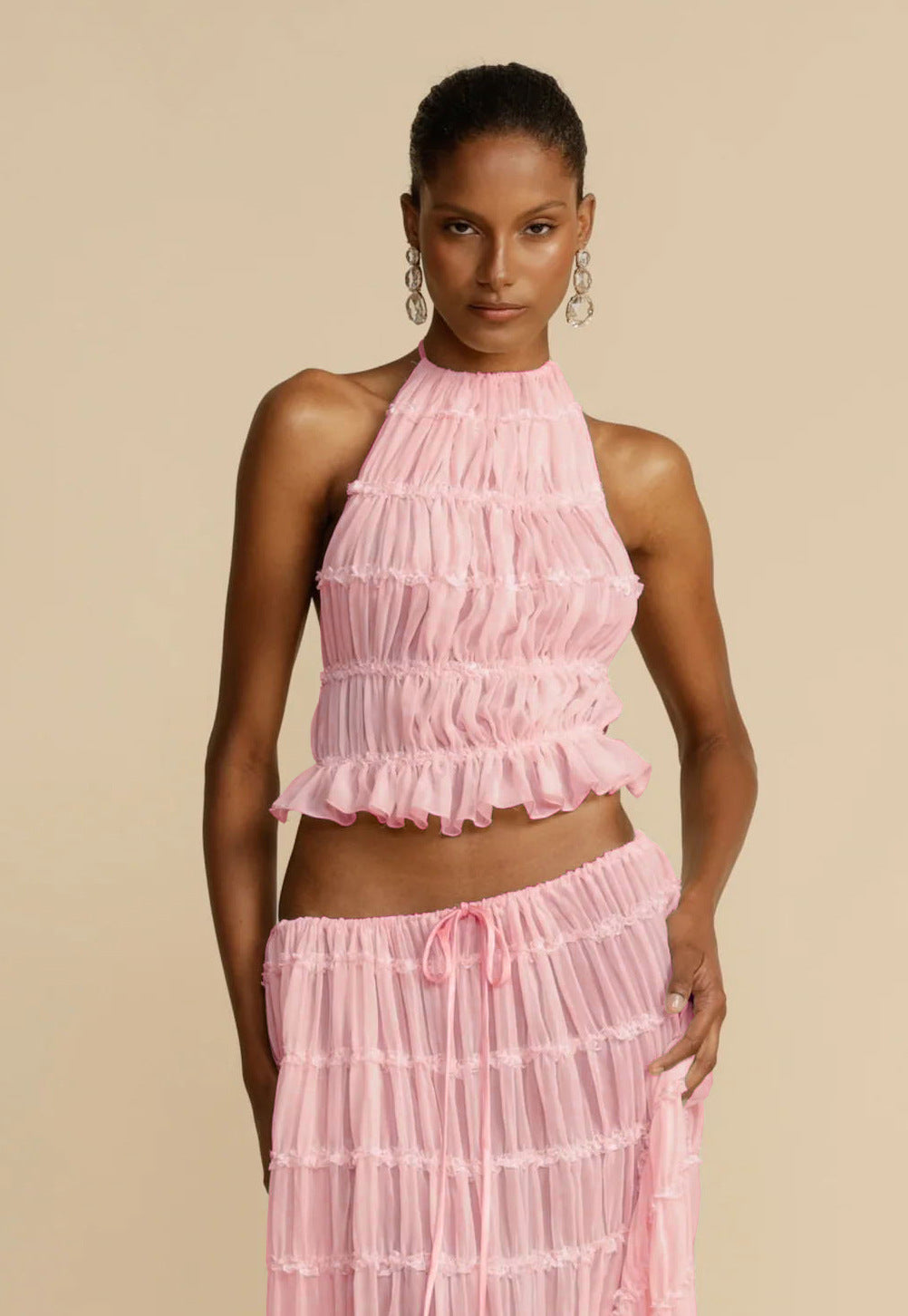 Sleeveless Backless Crop Halter Top + Pleated Tiered Maxi Skirt Beach 2-Piece Set