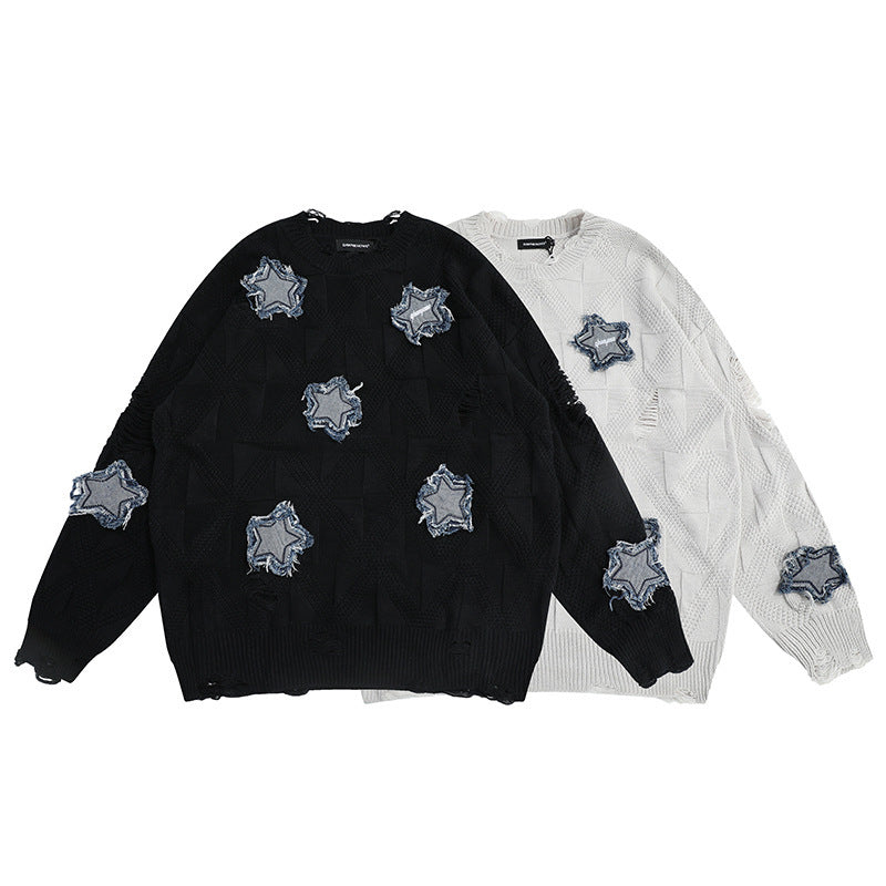 Men's Ripped Star Patch Embroidered O-Neck Loose Sweater