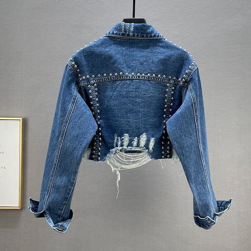 Denim Pearl Beaded Tassel Fringe Women's Turn-Down Collar Washed Cowgirl Double Pocket Jean Jacket