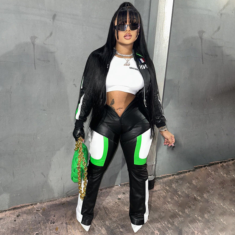 PU Leather Contrast Colorblock V-Shaped Waist Design Women's Pants