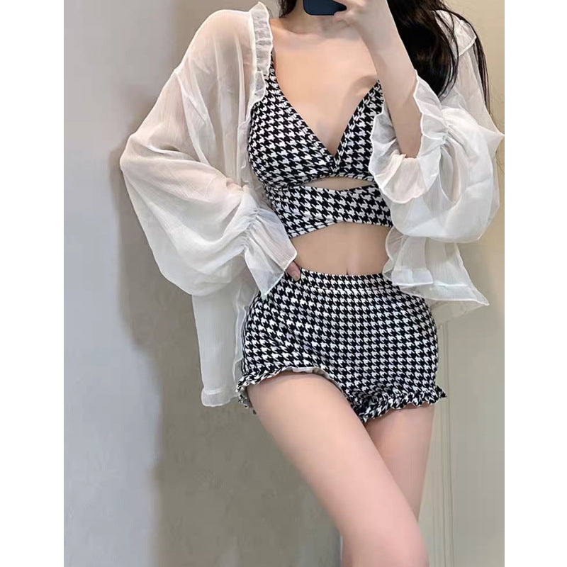 Houndstooth Lace/Triangle Hollow-Out Plaid Lace-Up Back Women's Criss-Cross Bikini Swimsuit