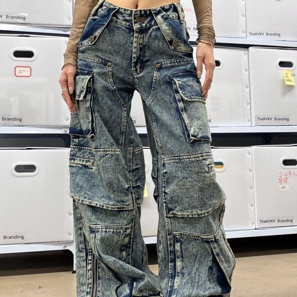 Faded Denim Baggy Multi-Pocketed Reverse Zipper Design Women's Hip-Hop Streetwear Cargo Jeans to 4X Plus Size