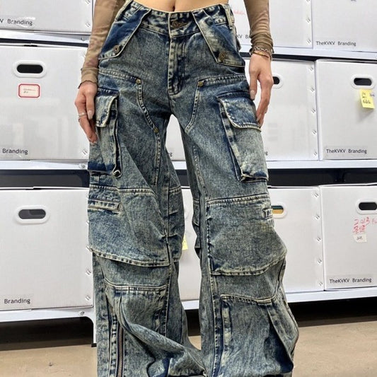 Faded Denim Baggy Multi-Pocketed Reverse Zipper Design Women's Hip-Hop Streetwear Cargo Jeans to 4X Plus Size