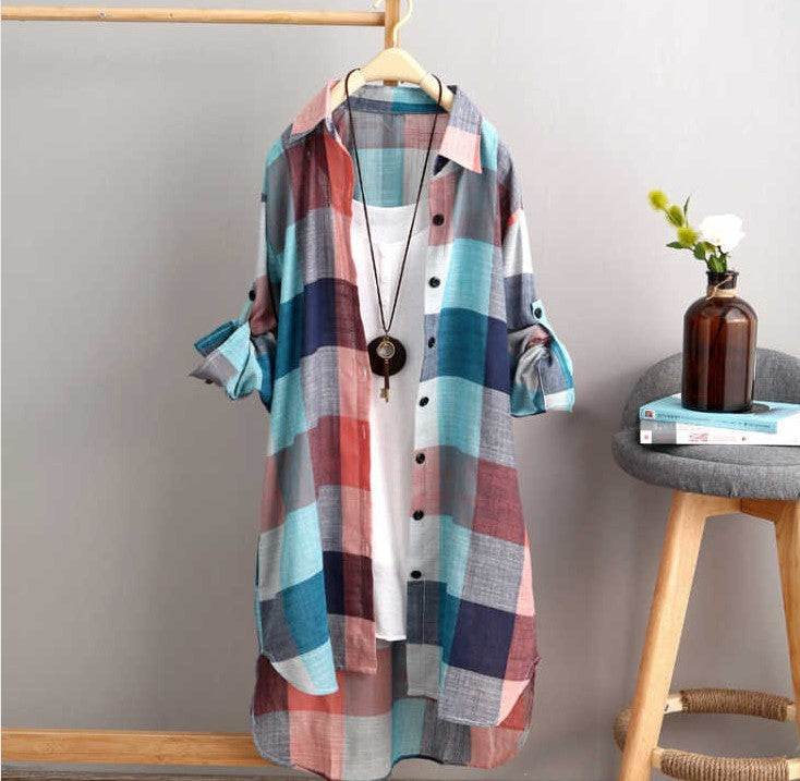 Plaid Checker Print Turn-Down 1/2 Sleeve Maxi Blouse to 3X Plus Size