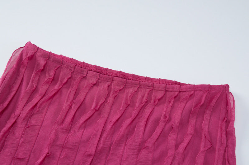 Hot Pink Flower Decor Women's Crop Top + Mini Skirt Solid Color  2-Piece Set