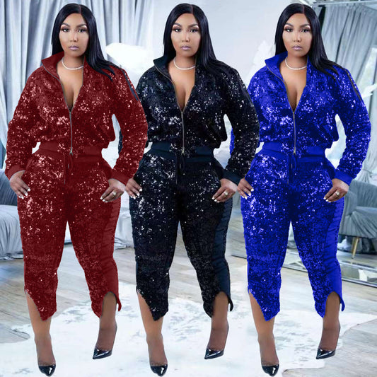 Sparkling Sequin Glitter Women's Zipper Jacket + Split Leg Pants Tracksuit to 3X Plus Size
