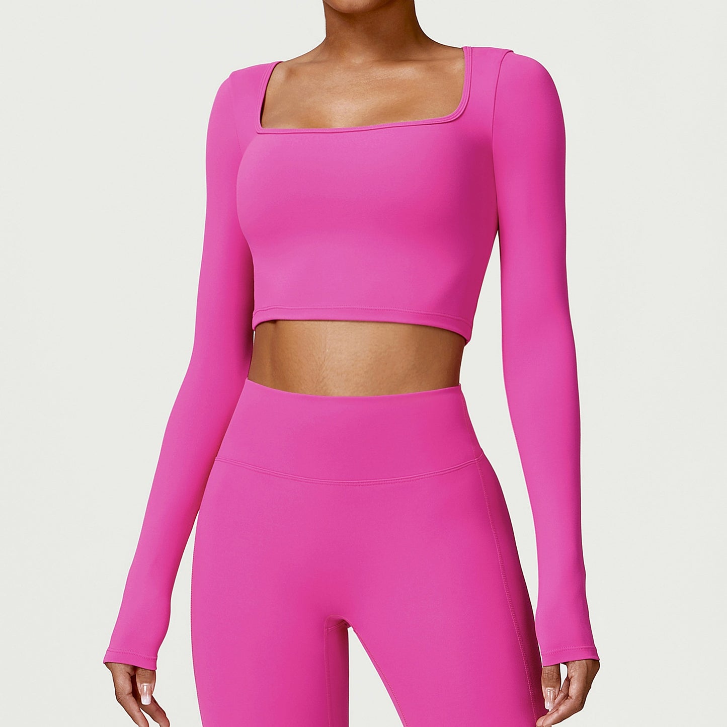 Fitness Long Sleeve Solid Color Workout Crop Top + Leggings Women's 2-Piece Gym Set