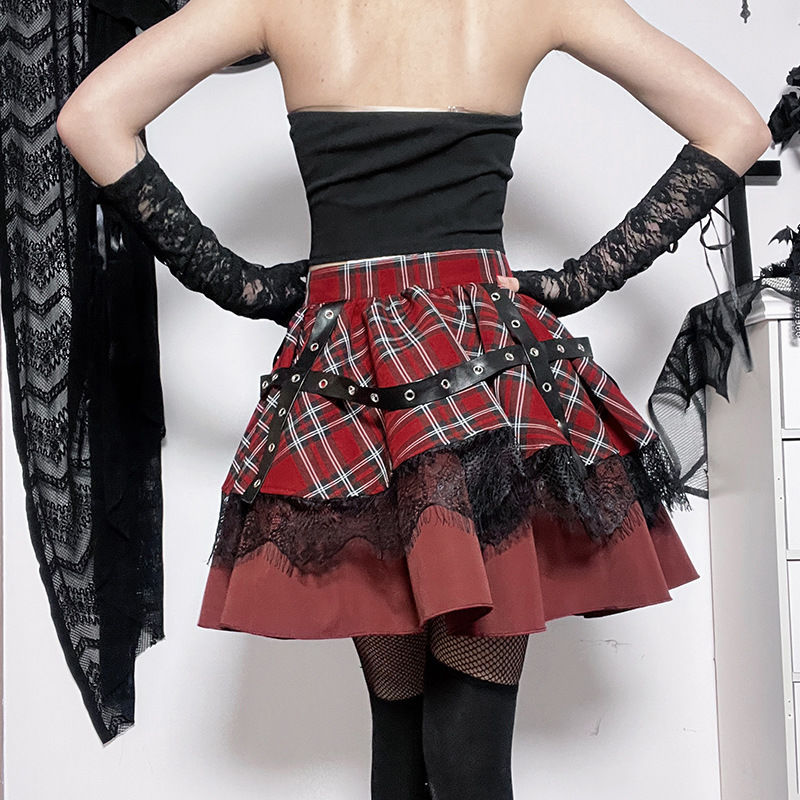 Plaid Lace Punk Goth A- Line Pleated Mini Skirt to 4X Plus Size