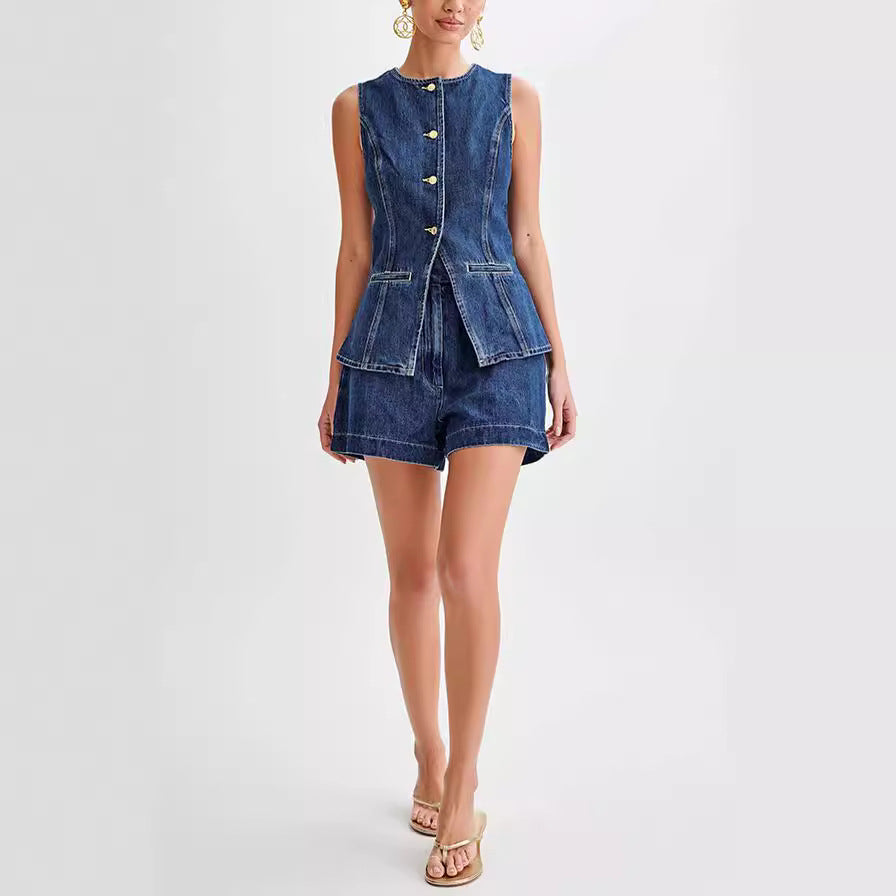 Dark Blue Denim Women's Sleeveless Button-Up Vest Jean Top + Jean Shorts 2-Piece Set