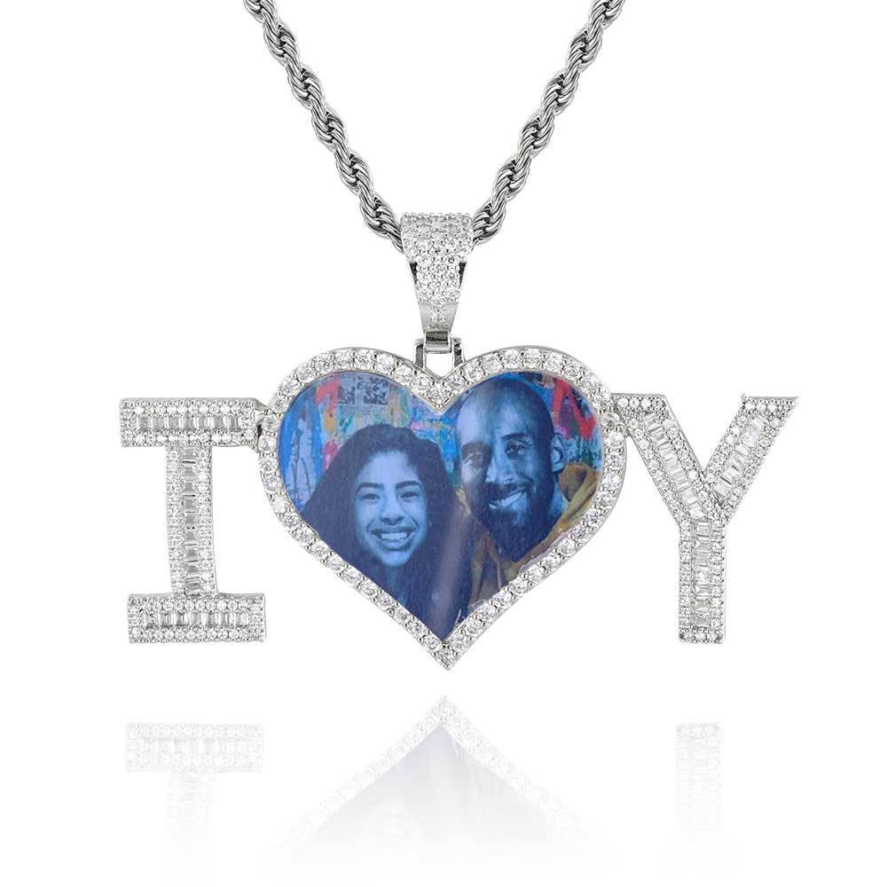 Customized Cubic Zirconia Letter Patchwork Heart Photo Pendant Chain Necklace