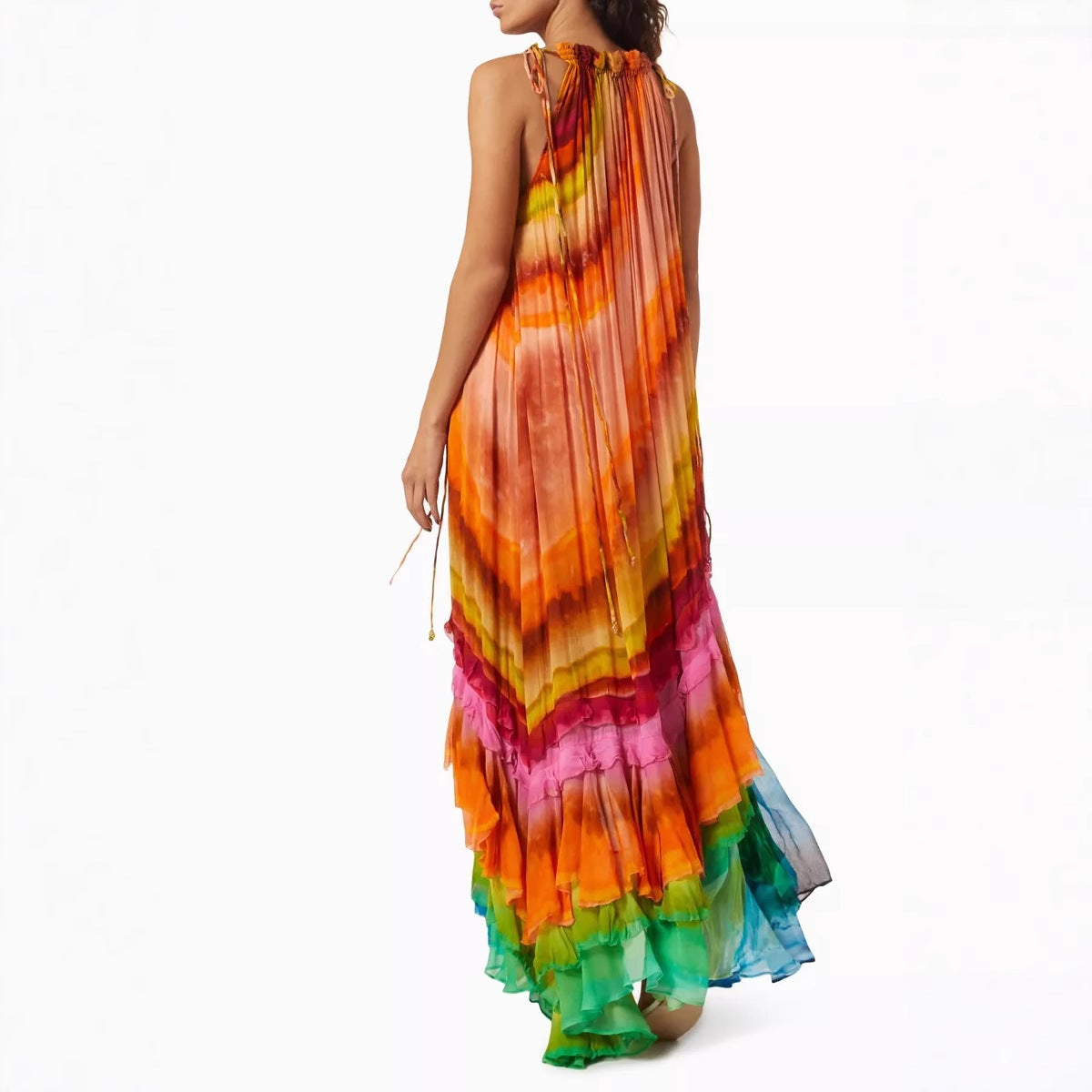 Asymmetrical Striped Colorblock Sleeveless Pleated Maxi Dress