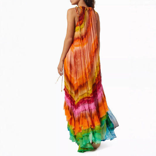 Asymmetrical Striped Colorblock Sleeveless Pleated Maxi Dress