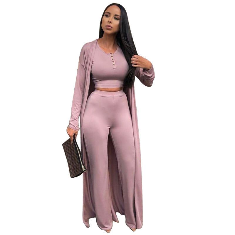 Open Solid Color Women's Maxi Cardigan + Button-Up Crop Top + Elastic Waist Leggings 3-Piece Set