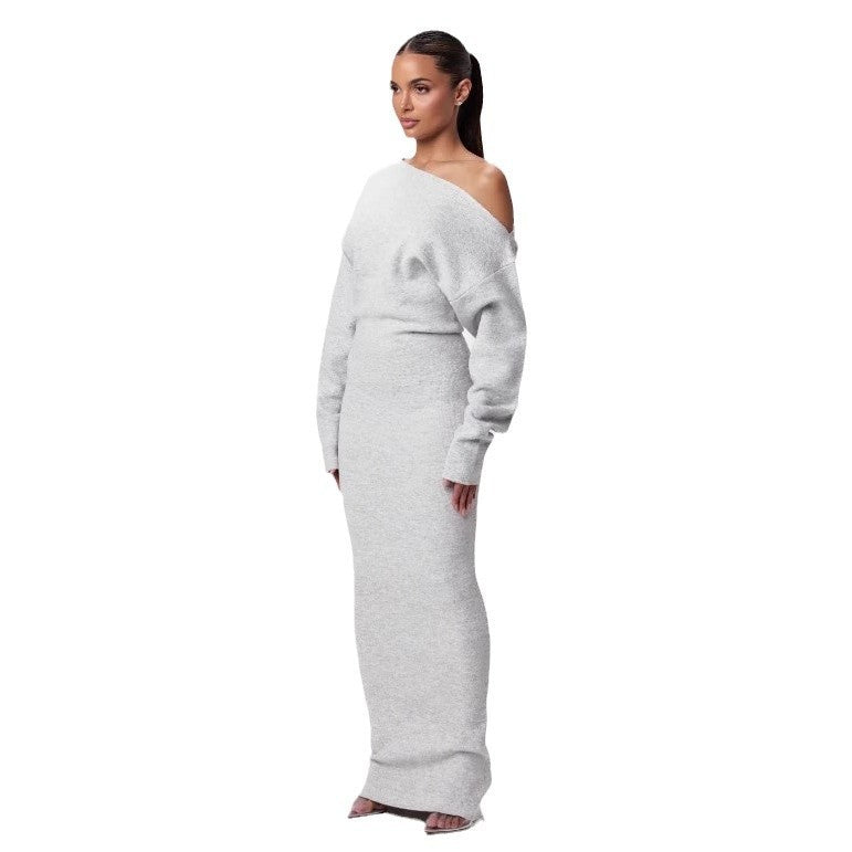 Knitted Skinny Fit Long Sleeve Off-the-Shoulder Solid Color Bodycon Maxi Dress