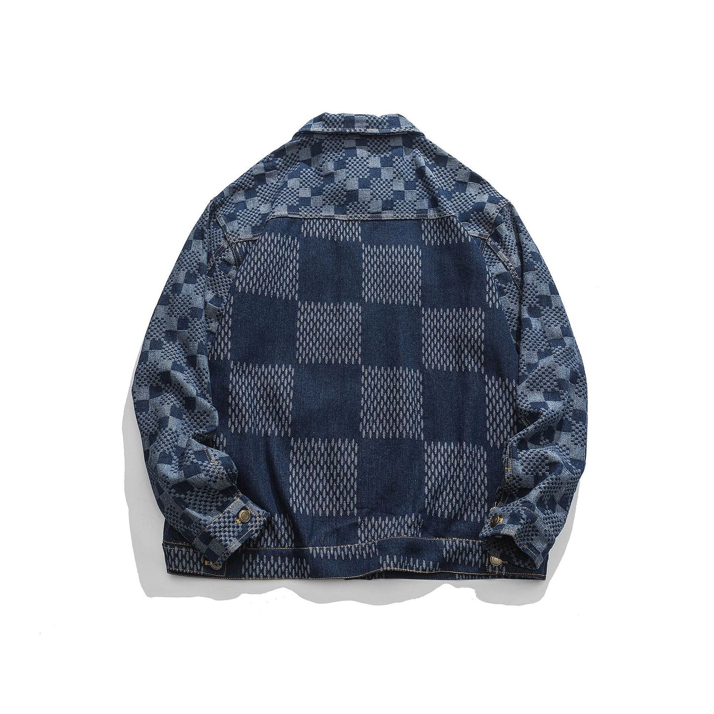 Men's Denim Colorblock Checker Plaid Print Jean Jacket