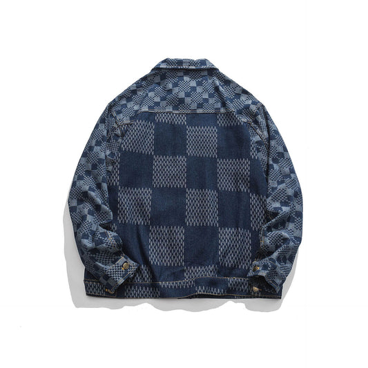 Men's Denim Colorblock Checker Plaid Print Jean Jacket