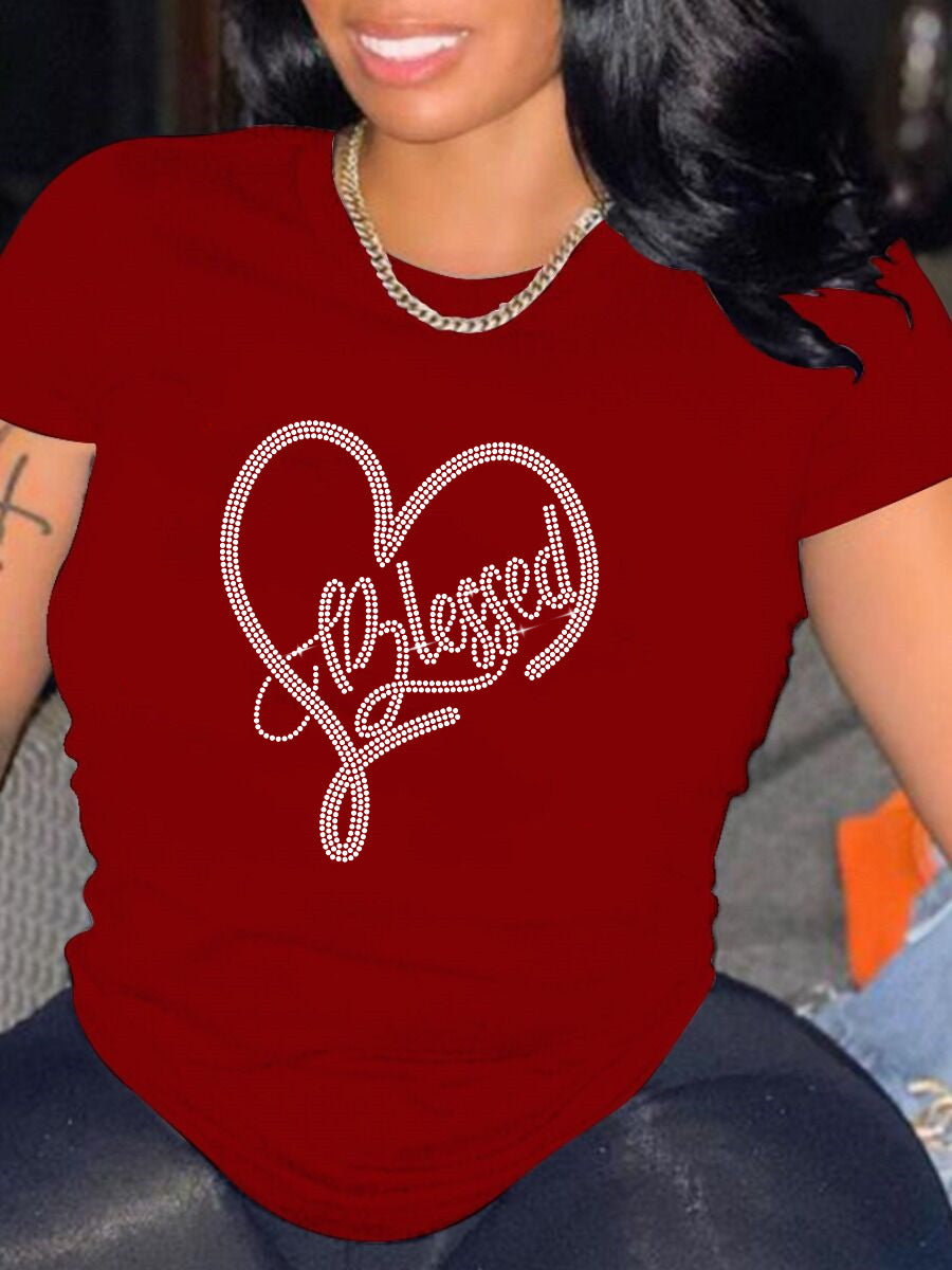 Heart Print "Blessed" Glitter Sparkling Rhinestone O-Neck Women's Short Sleeve T-Shirt to 5X Plus Size