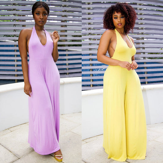 Sleeveless Halter Neck Backless V-Neck Solid Color Women's Wide Leg Jumpsuit to 5X Plus Size