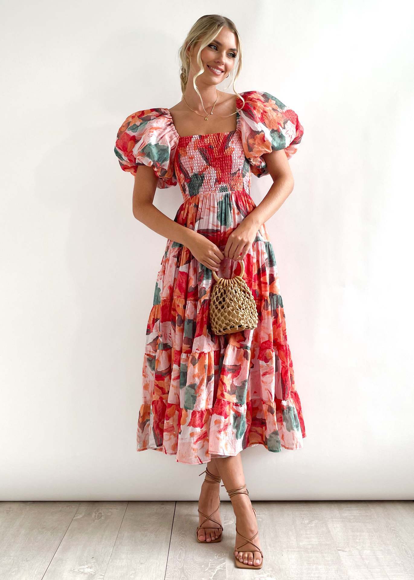 Flower Print Tiered Short Bubble Sleeve High Waist Off-the-Shoulder Bohemian Maxi Dress