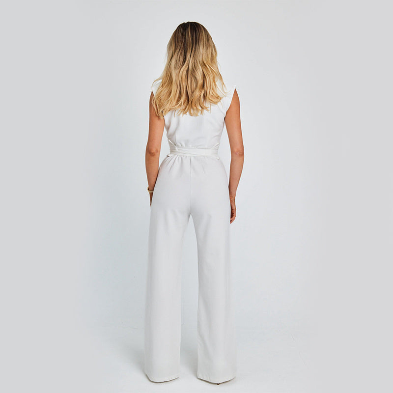 Sleeveless Micro V-Neck Sash Belt Detail Solid Color Wide Leg Jumpsuit to 5X Plus Size