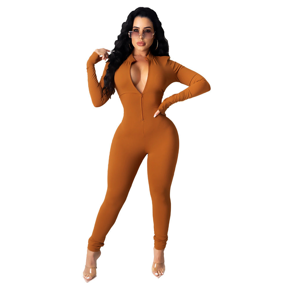 Fitness Workout Deep V-Neck Women's Long Sleeve Bodycon Solid Color Skin Tight Jumpsuit
