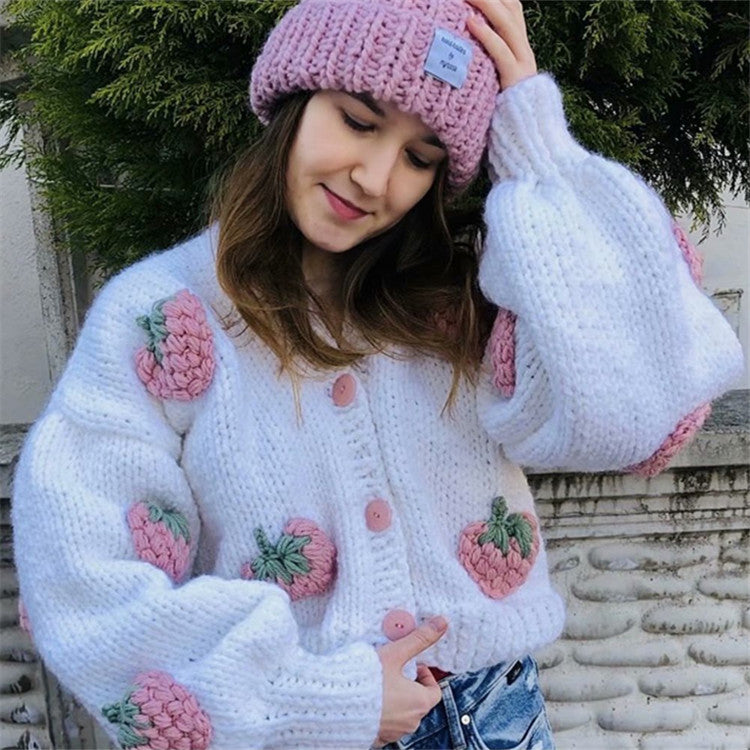 Handmade Crochet Flower/Cloud/Strawberry Women's Jacquard Embroidered Cardigan Sweater