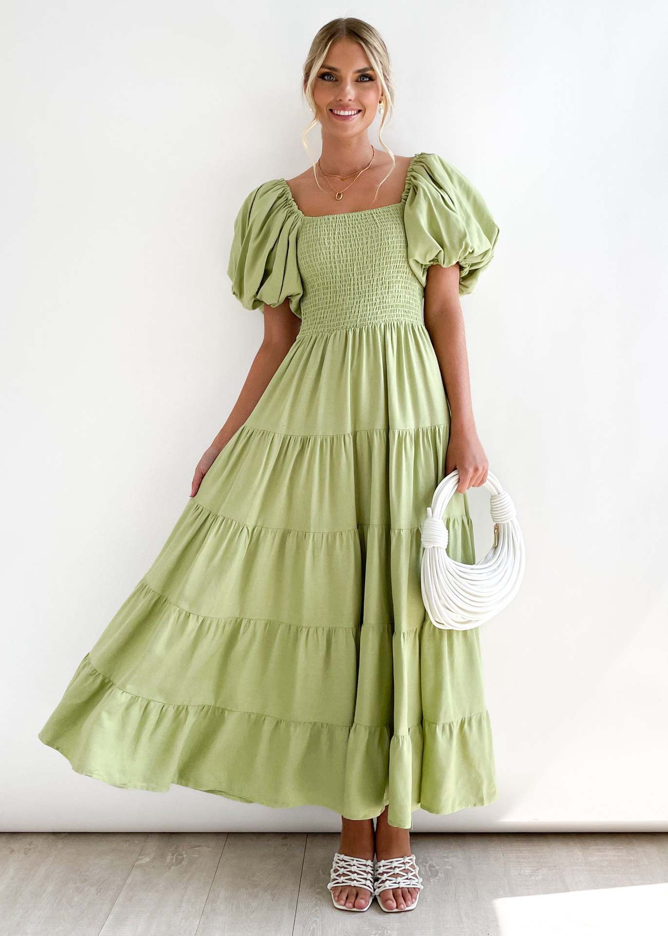 Flower Print Tiered Short Bubble Sleeve High Waist Off-the-Shoulder Bohemian Maxi Dress