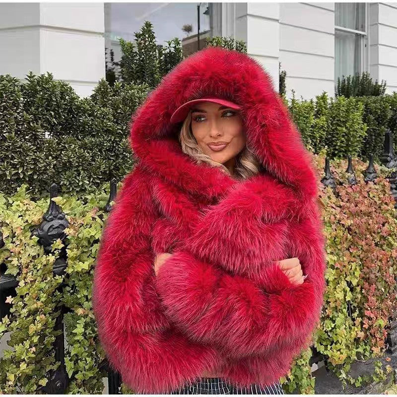 Wine Red Fuzzy Faux Fur Women's Long Sleeve Hoodie Jacket