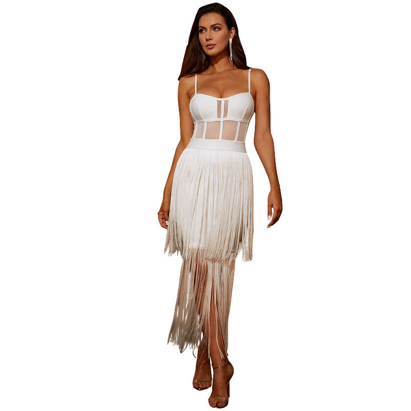 Bandage Mesh Transparent Tassel Fringe Detail Layered Sleeveless Spaghetti Strap Formal Maxi Party Dress