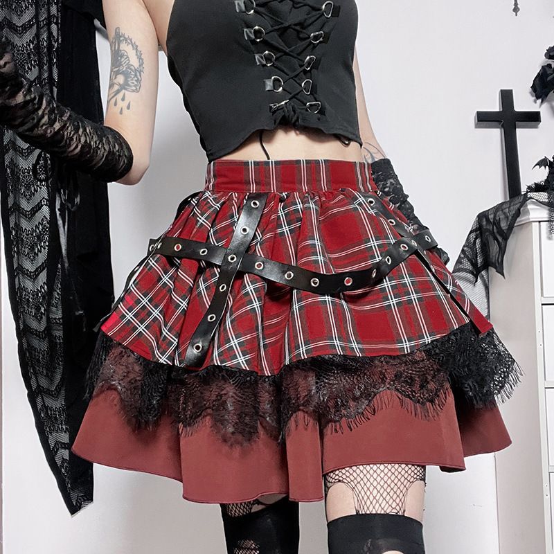 Plaid Lace Punk Goth A- Line Pleated Mini Skirt to 4X Plus Size
