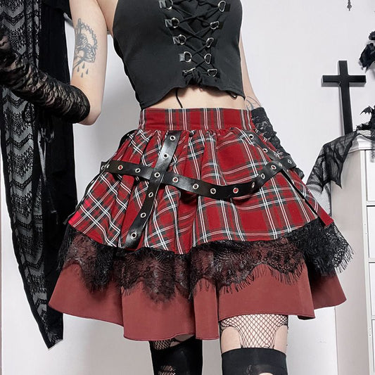 Plaid Lace Punk Goth A- Line Pleated Mini Skirt to 4X Plus Size