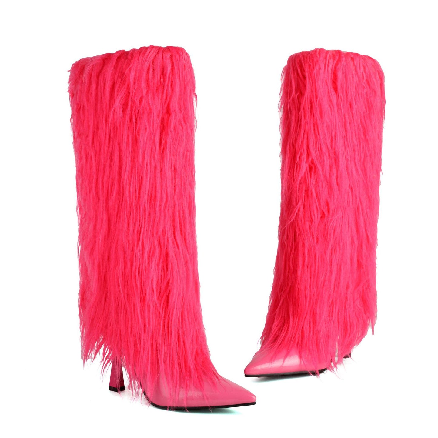 Shaggy Faux Fur Streetwear Tassel Fringe Pattern Stiletto Heel Women's Knee-High Boots
