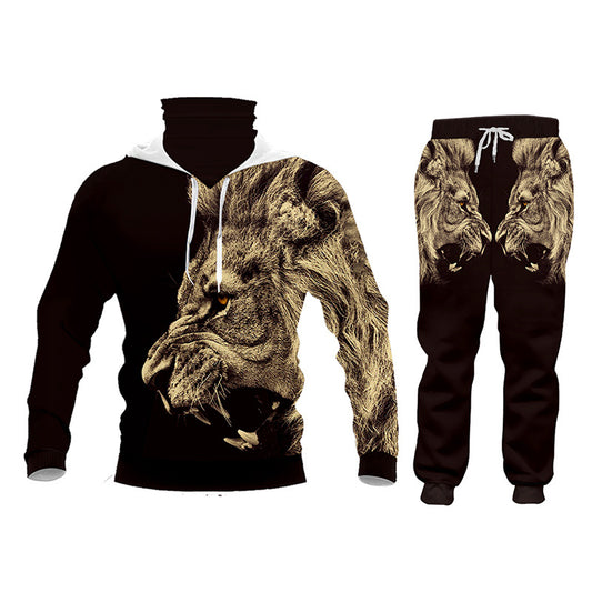 Men's Colorblock 3D Lion Print Hoodie Sweatshirt/Turn-Down Collar Short Sleeve Polo Shirt/T-Shirt/O-Neck Sweatshirt + Drawstring Jogger Sweatpants Tracksuit