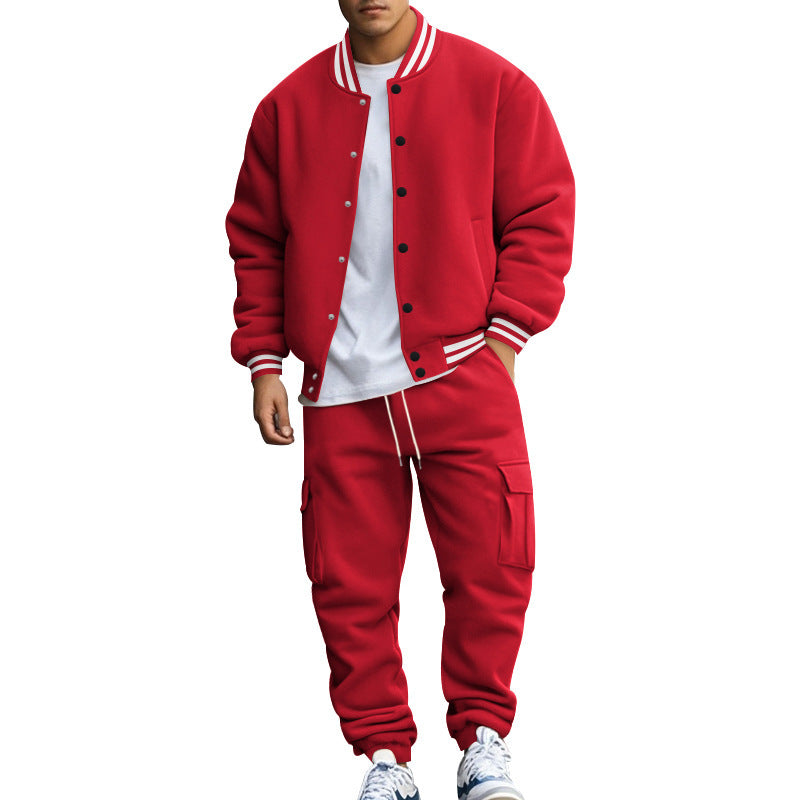 Men's Striped Stand Collar Fleece Lined Button-Up Baseball Bomber Jacket + Multi-Pocketed Cargo Sweatpants Tracksuit