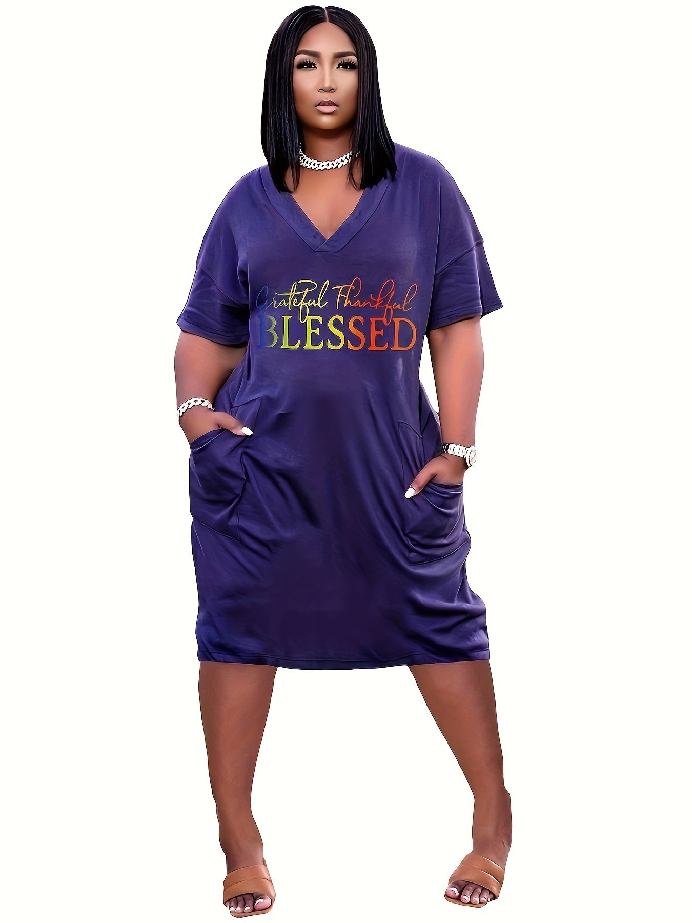 "Grateful Thankful Blessed" Gradient Letter Print Oversized Pocketed T-Shirt Dress to 8X Plus Size