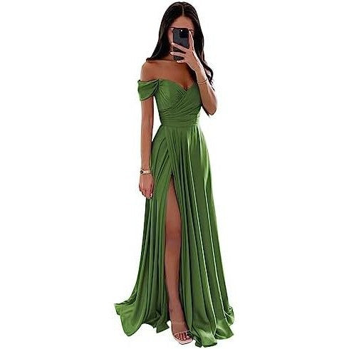 Off-the-Shoulder Corset Design Cinched Waist Solid Color Temperament Bridesmaid/Party Formal Maxi Dress