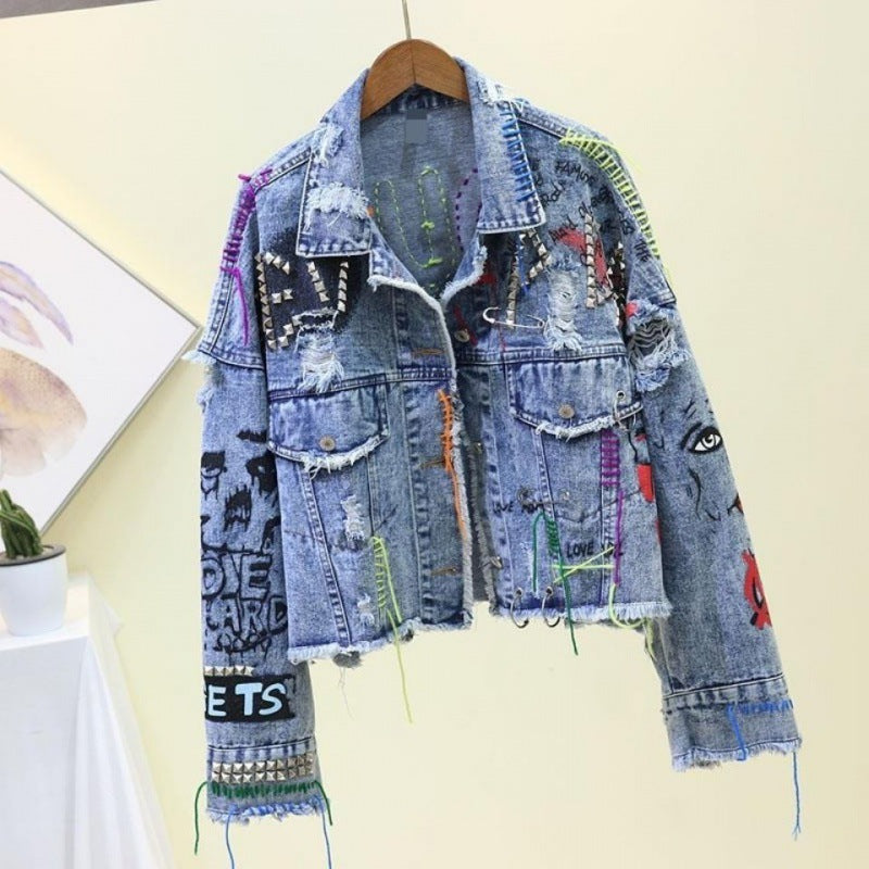 Faded Denim Studded Graffiti Print Ripped Fringe Embroidered Hip-Hop Streetwear Women's Crop Jean Jacket