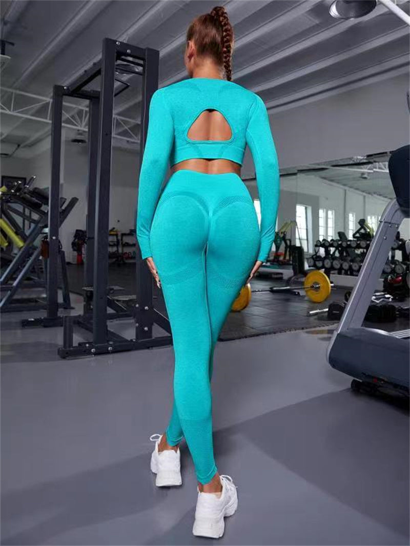 Solid Color Long Sleeve Hollow-Out Fitness Top + Butt Lifting High Waist Seamless Gym Workout Leggings Tracksuit
