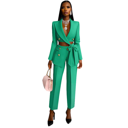Cropped Hollow-Out Design Women's Sash Belted Blazer Jacket + Irregular Pants Suit
