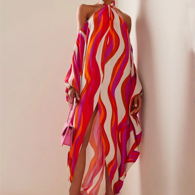 Open Shoulder Rainbow Striped Long Sleeve Loose Maxi Dress