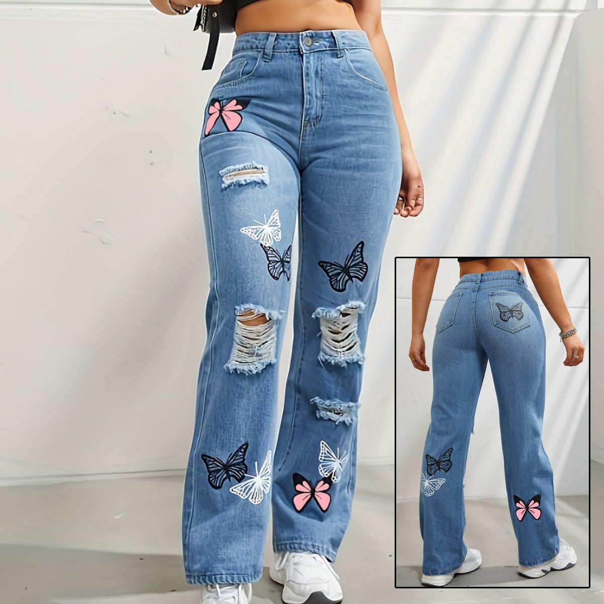 Butterfly Print Ripped Washed Distressed Denim Women's Jeans