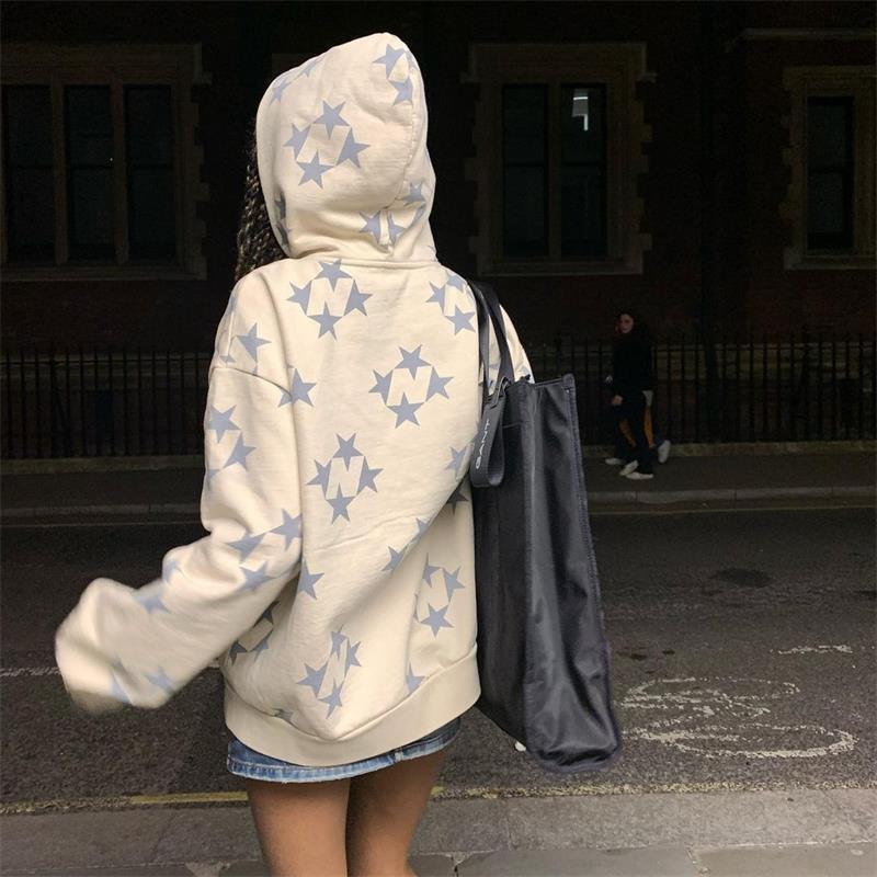 Star Print Unisex Long Sleeve Hip-Hop Zipper Hoodie Sweatshirt