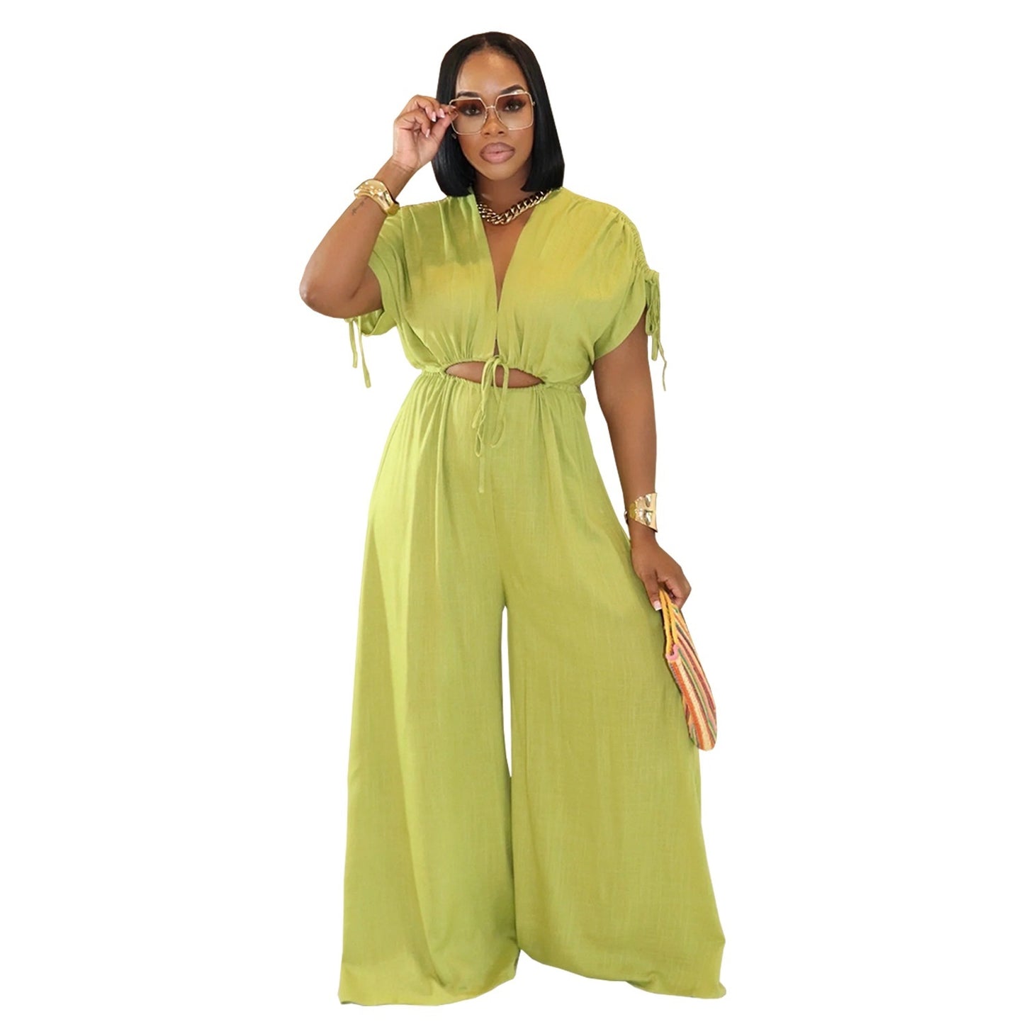 Drawstring V-Neck Solid Color Women's Casual Lace-Up Elastic Waist Wide Leg Jumpsuit