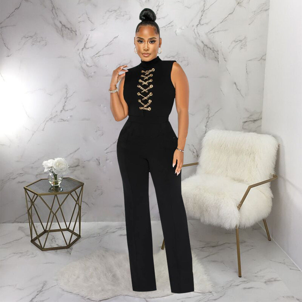 CrissCross Women's Solid Color Sleeveless Stand Collar Round Neck Jumpsuit