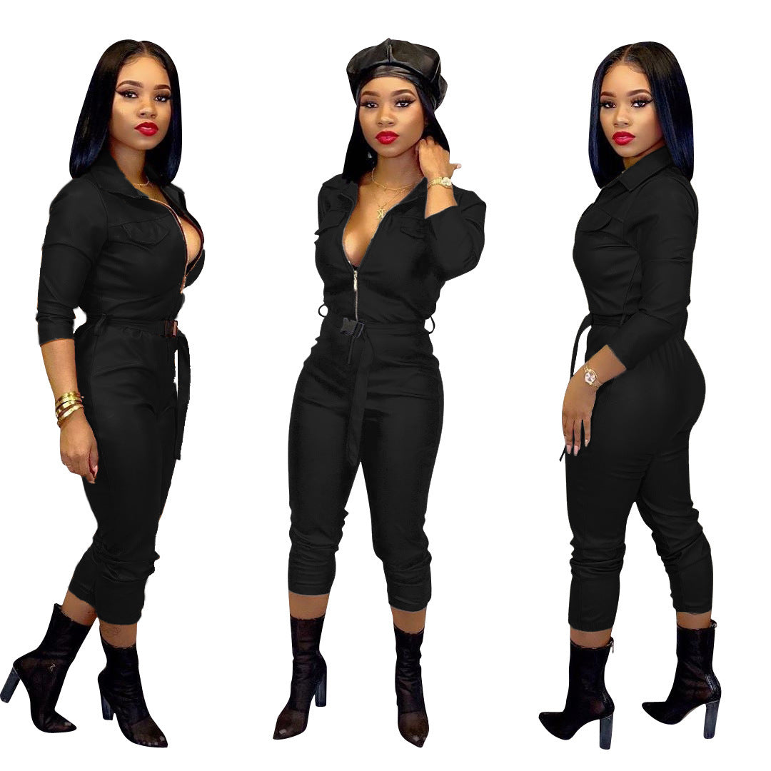 PU Leather Double Pocket Women's Solid Color High Elastic Long Sleeve Turn-Down Collar Zipper Jumpsuit