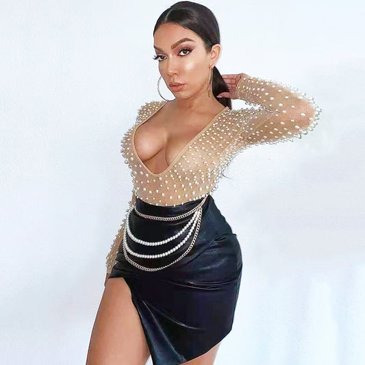 Pearl Beaded Mesh Sheer Designer V-Neck Long Sleeve Women's Bodysuit