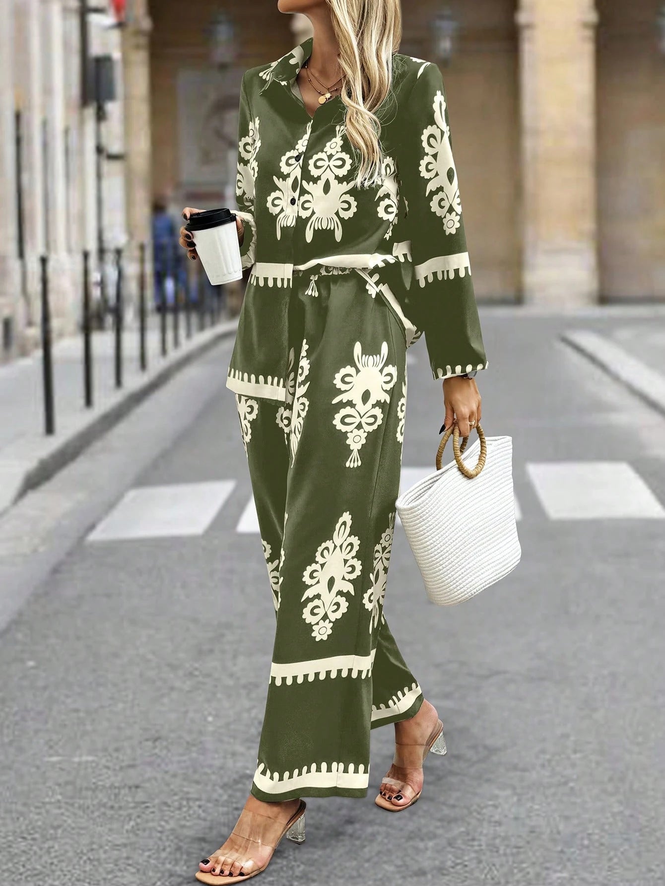Baroque Embroidered Print Loose Blouse + Pants Women's 2-Piece Set