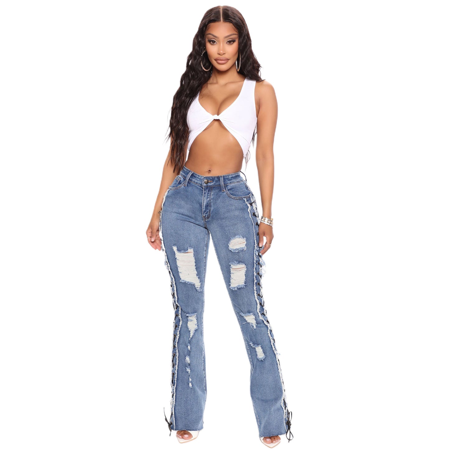 Ripped Faded Denim Lace-Up Design Women's Skinny Jeans to 3X Plus Size