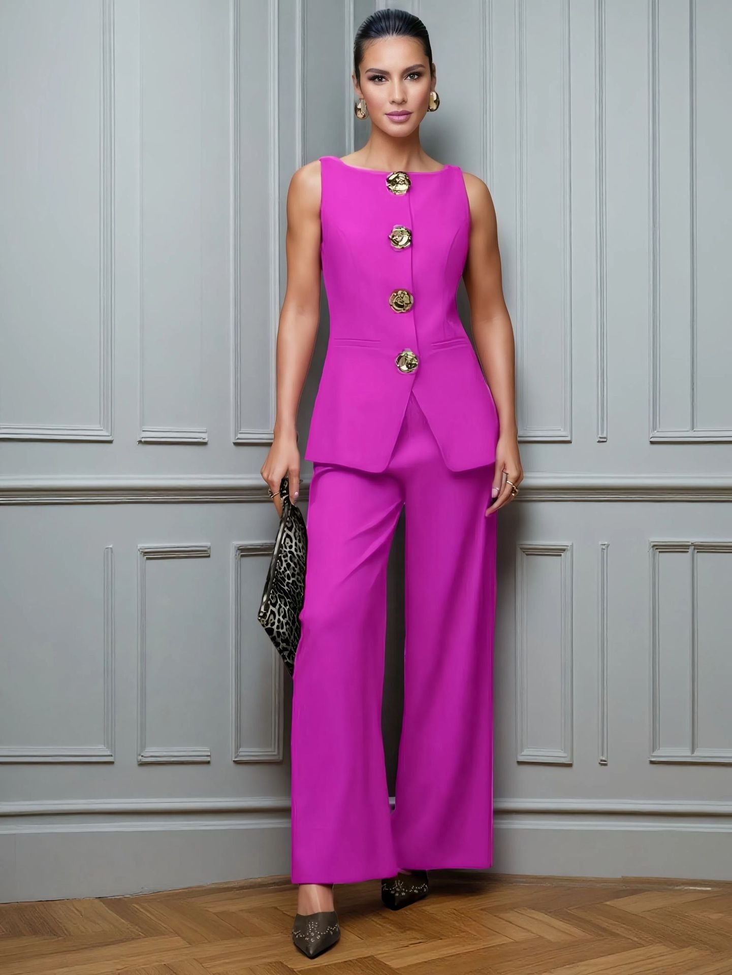 Women's Fashion Golden Button Vest Pants Casual Suit